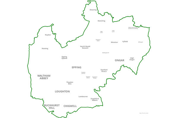 Map of Epping Forest district with parish names